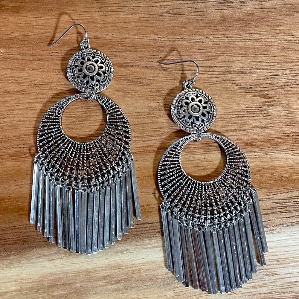 EXPRESS Silver Boho Metal Long Fringe Earrings
